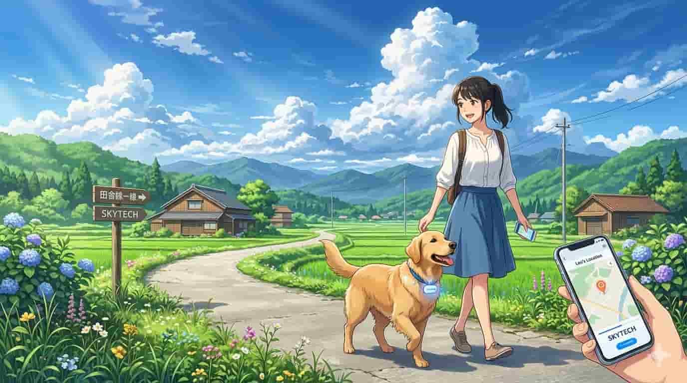 Rastreador pet via satélite: quando vale a pena? 4 Ilustração estilo anime de uma pessoa no campo observando seu cachorro com rastreador pet via satélite da SKYTECH.