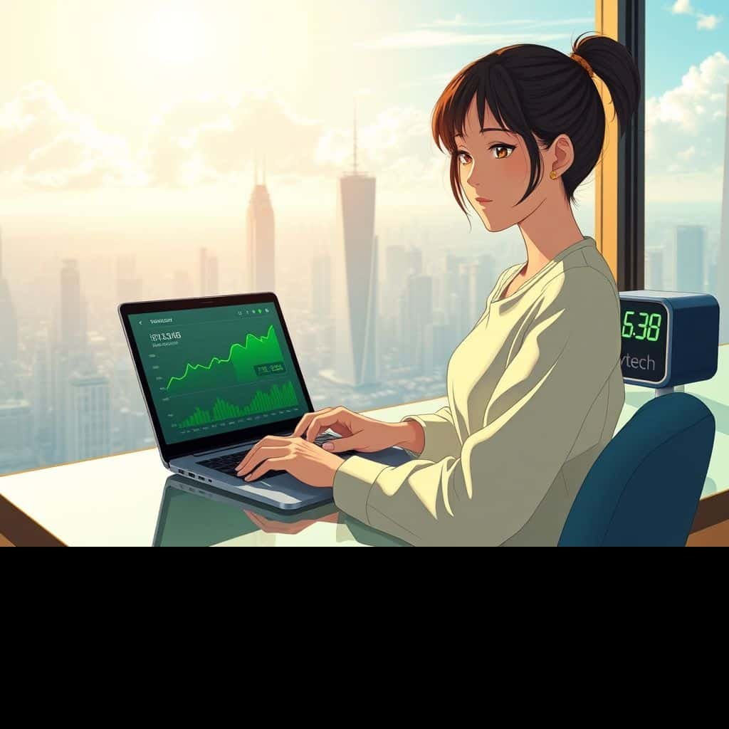 Ilustração estilo anime de pessoa satisfeita acompanhando investimentos no notebook em apartamento moderno, com marca SKYTECH visível.