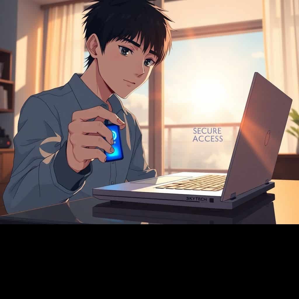 Ilustração anime de usuário usando chave física em notebook SKYTECH para proteger contas bancárias.