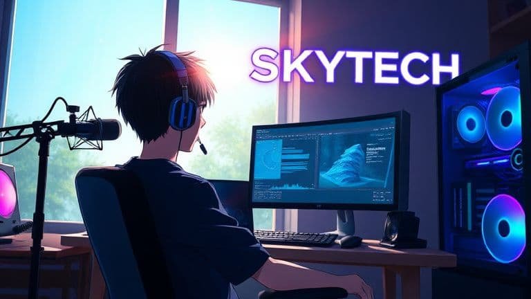Ilustração estilo anime de setup gamer híbrido com equipamentos de áudio e vídeo e logo SKYTECH.