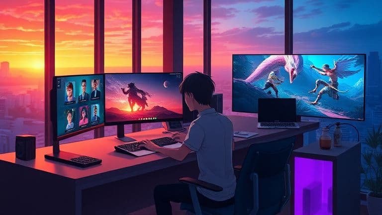 Pessoa em setup híbrido alternando entre trabalho e games em um PC SKYTECH estilo anime.