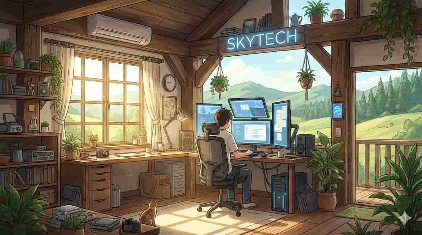 Ilustração estilo anime de um setup home office moderno e iluminado com a marca SKYTECH visível.