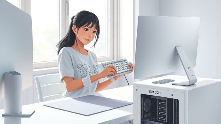 Mulher organizando um setup gamer e de trabalho monocromático com tecnologia SKYTECH.