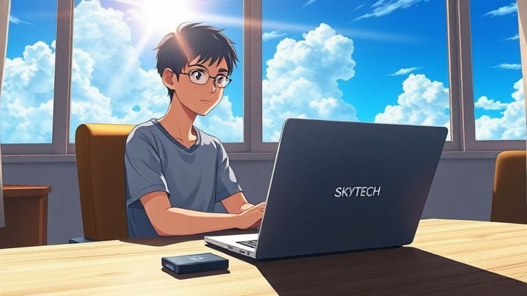 Ilustração estilo anime de pessoa feliz usando notebook rápido com adesivo SKYTECH e um SSD sobre a mesa.