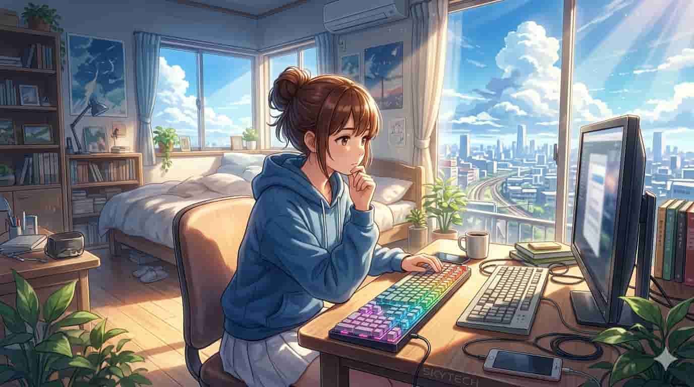 Ilustração em estilo anime de uma pessoa comparando um teclado mecânico e um de membrana em uma mesa ensolarada com a marca SKYTECH.