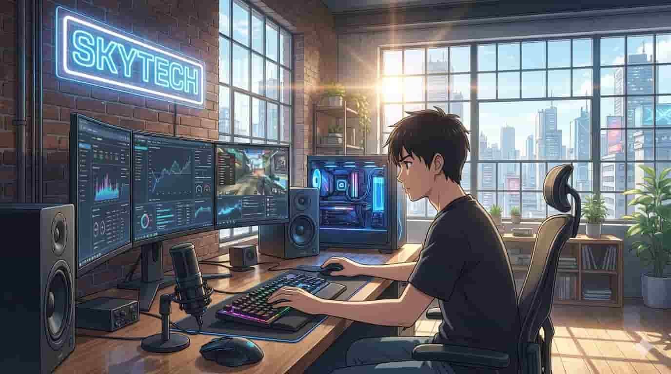 Ilustração estilo anime de um setup gamer de alta performance com periféricos RGB e a marca SKYTECH.