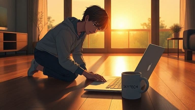 sIlustração anime de homem ajoelhado ao lado de notebook que caiu no chão, com marca Skytech em uma caneca.