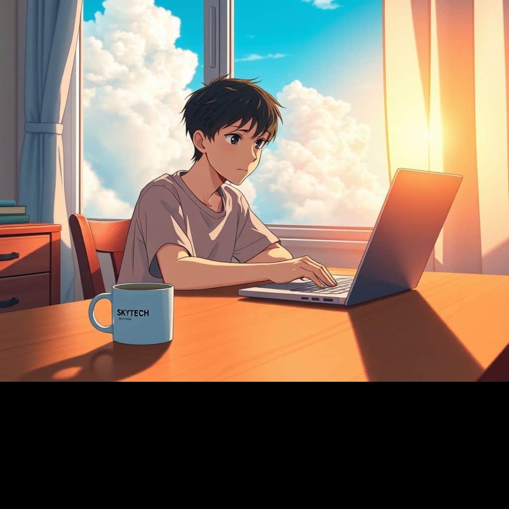 Notebook lento por antivírus pesado: como deixar leve e rápido de novo 2 Ilustração estilo Makoto Shinkai de uma pessoa irritada com um notebook travando, com uma caneca da SKYTECH na mesa.