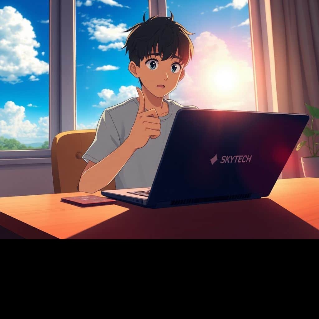 Notebook lento por aquecimento? Evite a queda de performance! 2 Ilustração estilo anime de uma pessoa preocupada com um notebook quente em uma mesa iluminada pelo sol, com o logo SKYTECH visível.