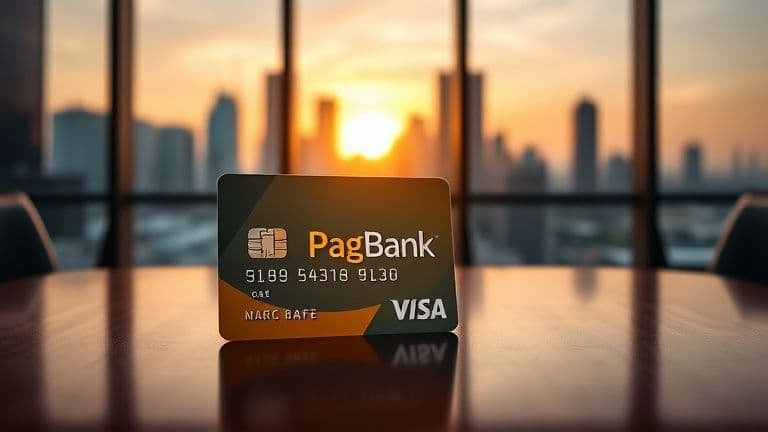 Cartão PagBank Visa sobre mesa de escritório com vista para cidade ao pôr do sol