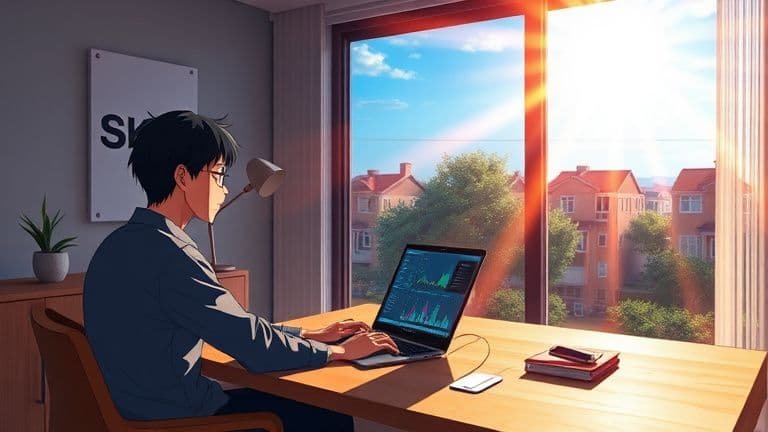 Ilustração estilo anime de casal analisando desempenho de notebook com logo Skytech ao fundo.