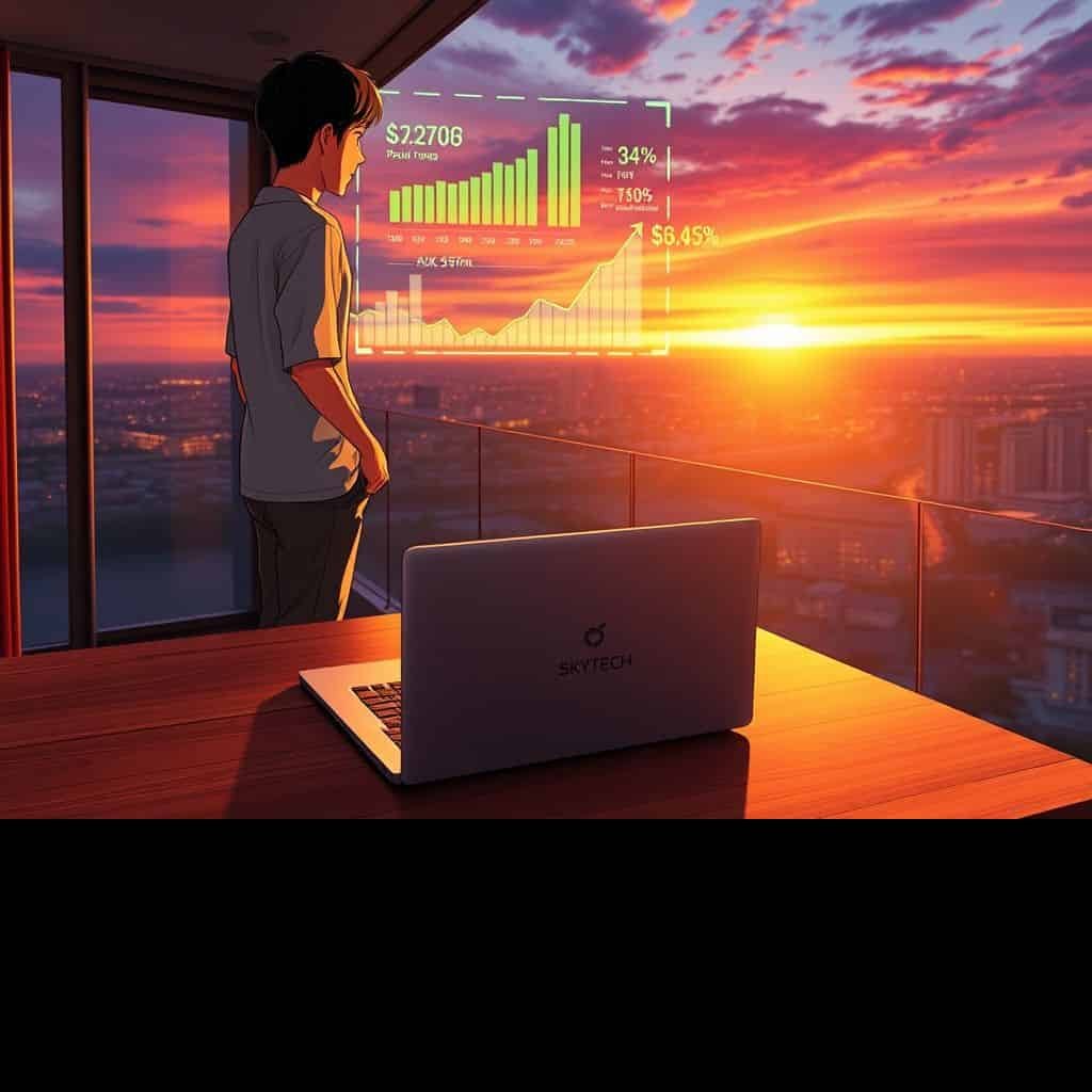 Ilustração anime de estrategista financeiro usando tecnologia SKYTECH para rentabilizar patrimônio.