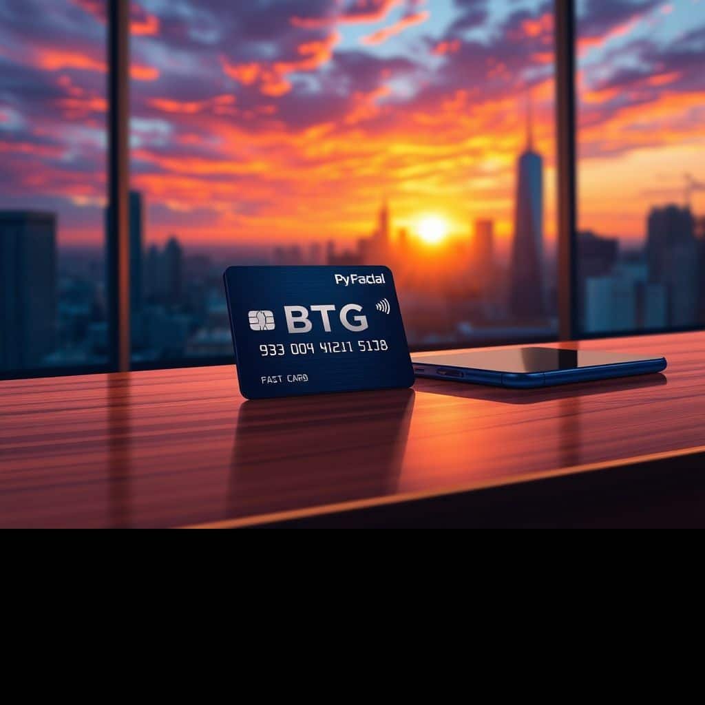 Iluminação estilo anime Makoto Shinkai mostrando cartão BTG Pactual e smartphone em escritório moderno ao pôr do sol.