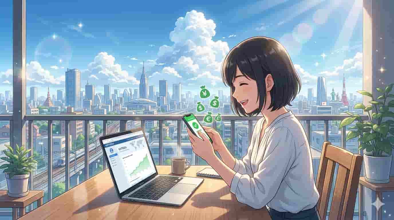 Ilustração estilo anime Makoto Shinkai de jovem em um sítio usando notebook para transferência internacional, com logo SKYTECH.