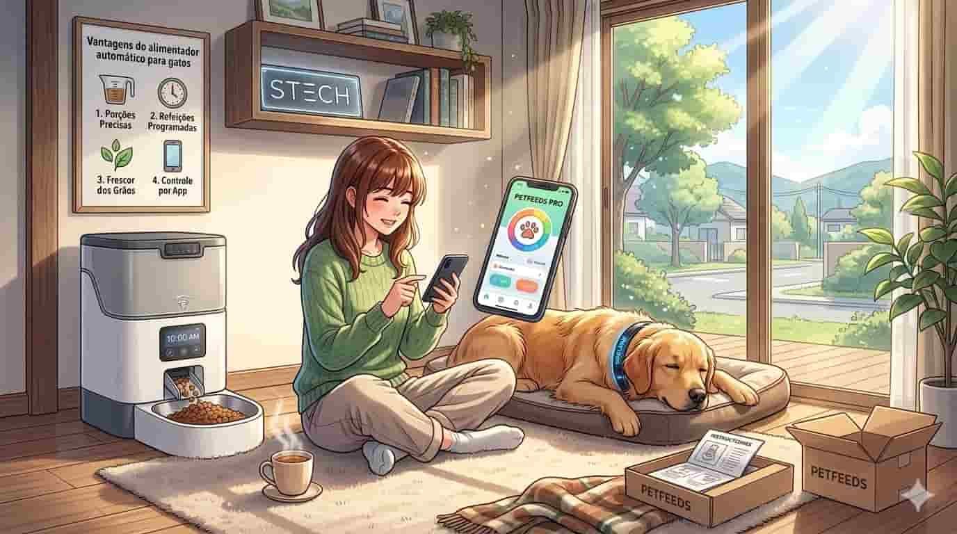 Vantagens do Alimentador Automático para Gatos: Mais Paz e Saúde para Seu Felino? 5 Gato comendo em um alimentador automático Skytech em um apartamento ensolarado estilo anime.