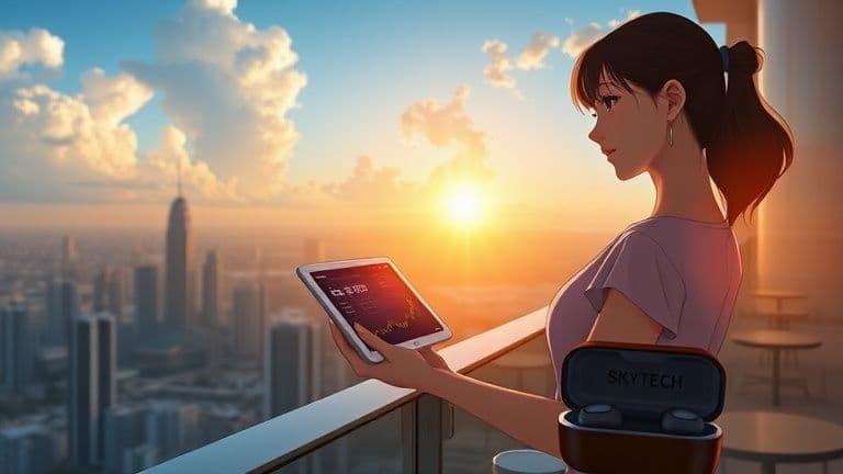 Mulher em varanda ao amanhecer analisando BDRs de tecnologia no tablet com marca Skytech visível, estilo Makoto Shinkai.