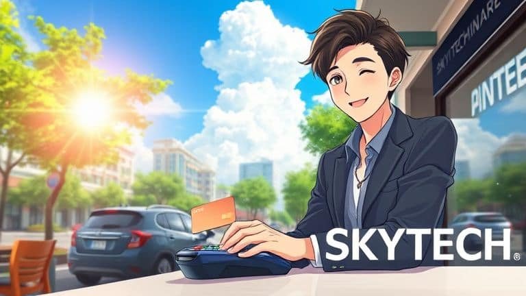 Vantagens do Cartão por Aproximação para Pagamentos Rápidos 2 Ilustração Makoto Shinkai de pessoa fazendo pagamento por aproximação em café ensolarado com logo SKYTECH.