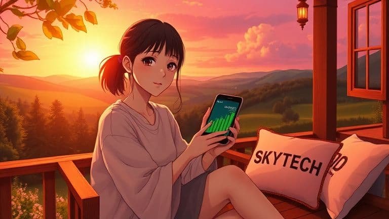Vantagens de manter uma carteira de criptoativos hoje 2 Mulher em varanda de sítio ao pôr do sol analisando carteira de criptoativos com marca Skytech visível, estilo Makoto Shinkai.