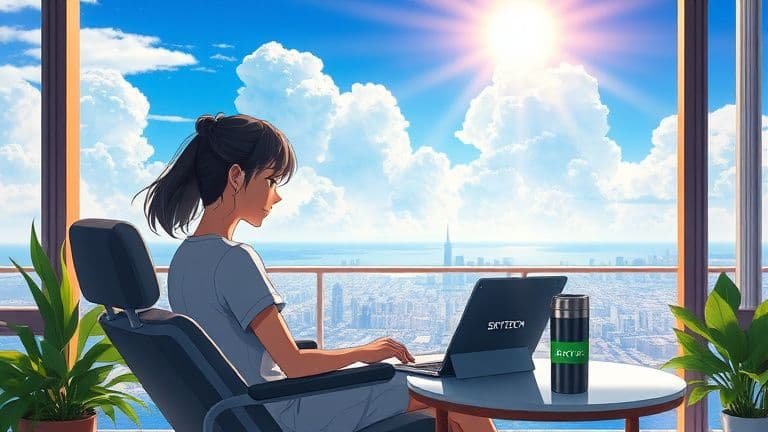 Mulher em varanda com vista para o mar trabalhando no notebook com marca Skytech, estilo Makoto Shinkai.