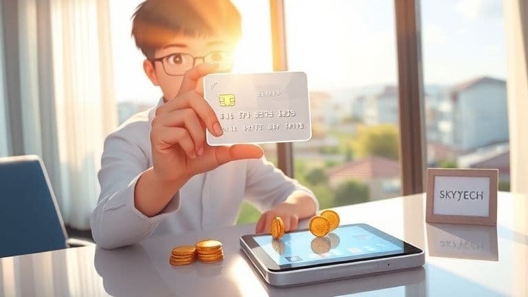 Ilustração anime de pessoa usando holograma de cartão virtual em apartamento moderno à noite, estilo Shinkai com logo SKYTECH.