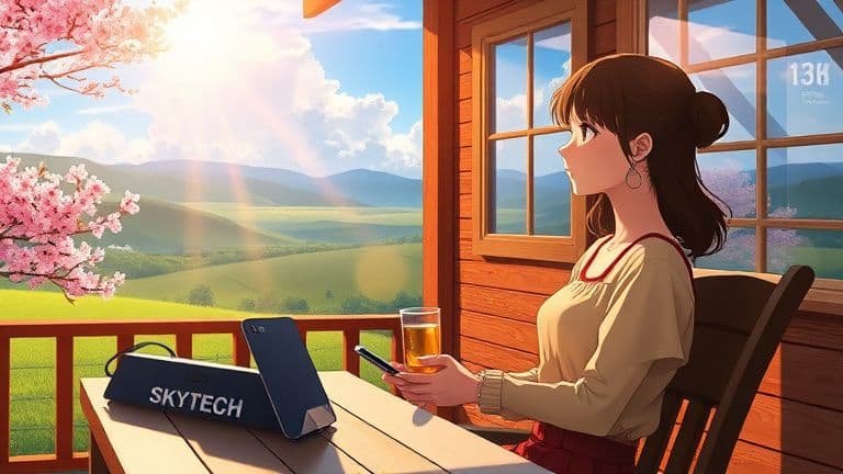 Vantagens de usar chatbots para organizar sua agenda tech 2 Mulher em varanda de sítio usando chatbot no celular para organizar tarefas, com marca Skytech, estilo Makoto Shinkai.