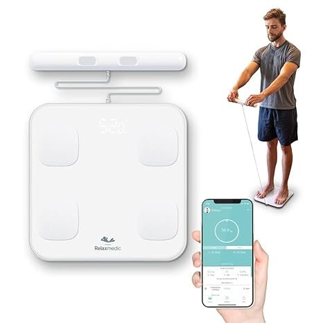 Balança digital inteligente conectada a aplicativo de smartphone para bioimpedância.