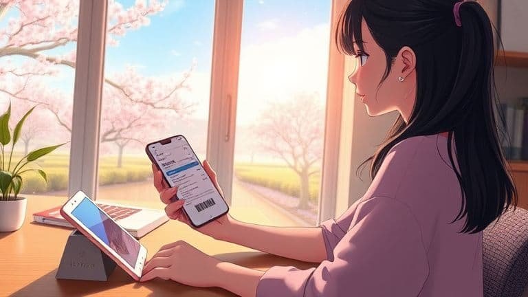 Mulher jovem em escritório ensolarado pagando boleto pelo celular com logo SKYTECH.
