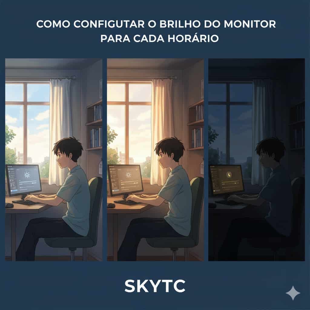 Como Configurar o Brilho do Monitor para Cada Horário 2 Ilustração anime SKYTC de um homem ajustando o brilho do monitor em diferentes horários do dia.