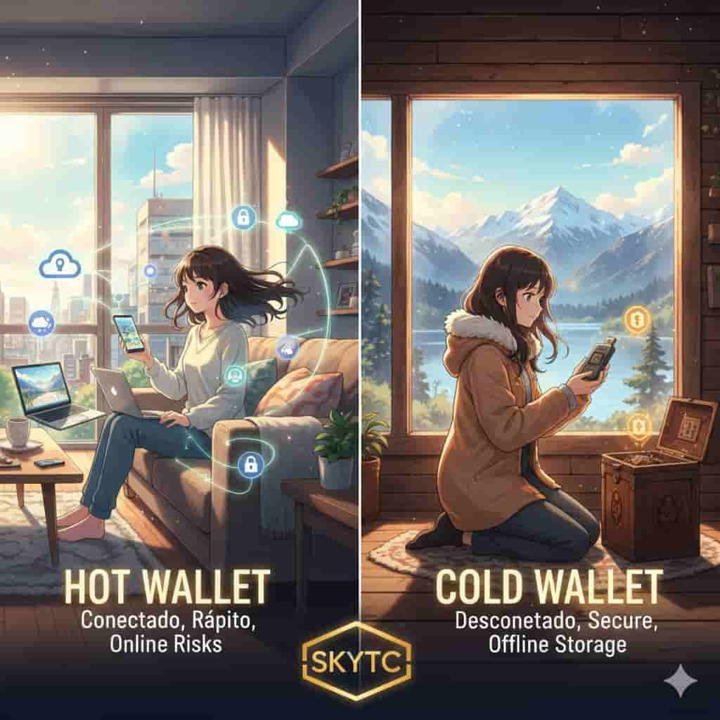 Ilustração anime SKYTC comparando segurança de carteiras quentes e frias de criptomoedas, com uma pessoa explorando os conceitos.