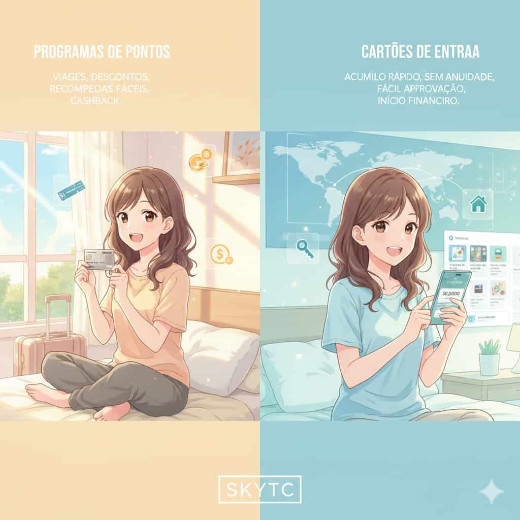 Ilustração anime SKYTC de uma mulher aproveitando benefícios de programas de pontos em cartões de crédito de entrada.