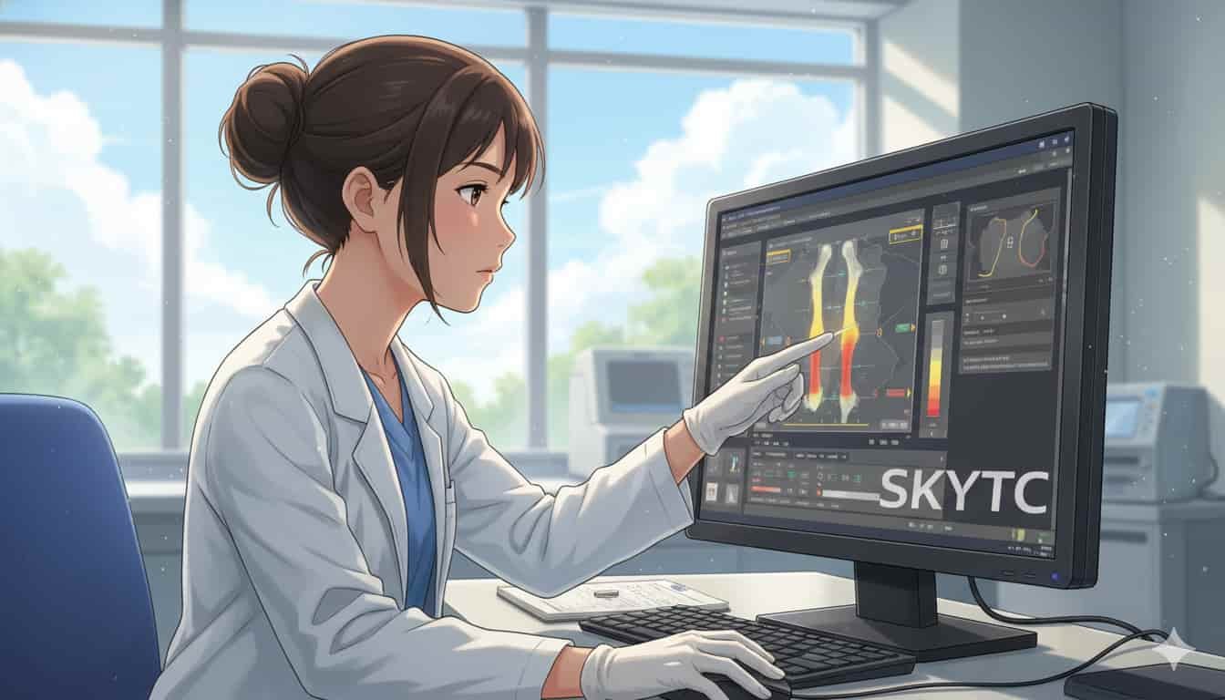 O Olhar do Técnico: Como Ler um Exame de Densitometria 2 Uma técnica médica em jaleco branco e luvas, com o cabelo preso, apontando para um monitor de computador que exibe um exame de densitometria óssea detalhado, em um ambiente de laboratório claro. O logo "SKYTC" está visível na tela do monitor.