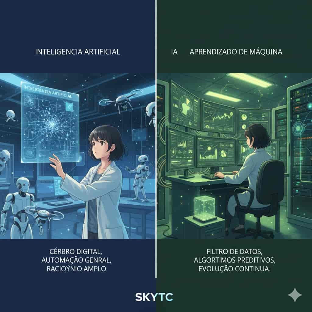 Diferenças entre Inteligência Artificial e Aprendizado de Máquinas 2 Ilustração anime SKYTC comparando Inteligência Artificial e Aprendizado de Máquina, com uma mulher interagindo com tecnologia avançada.