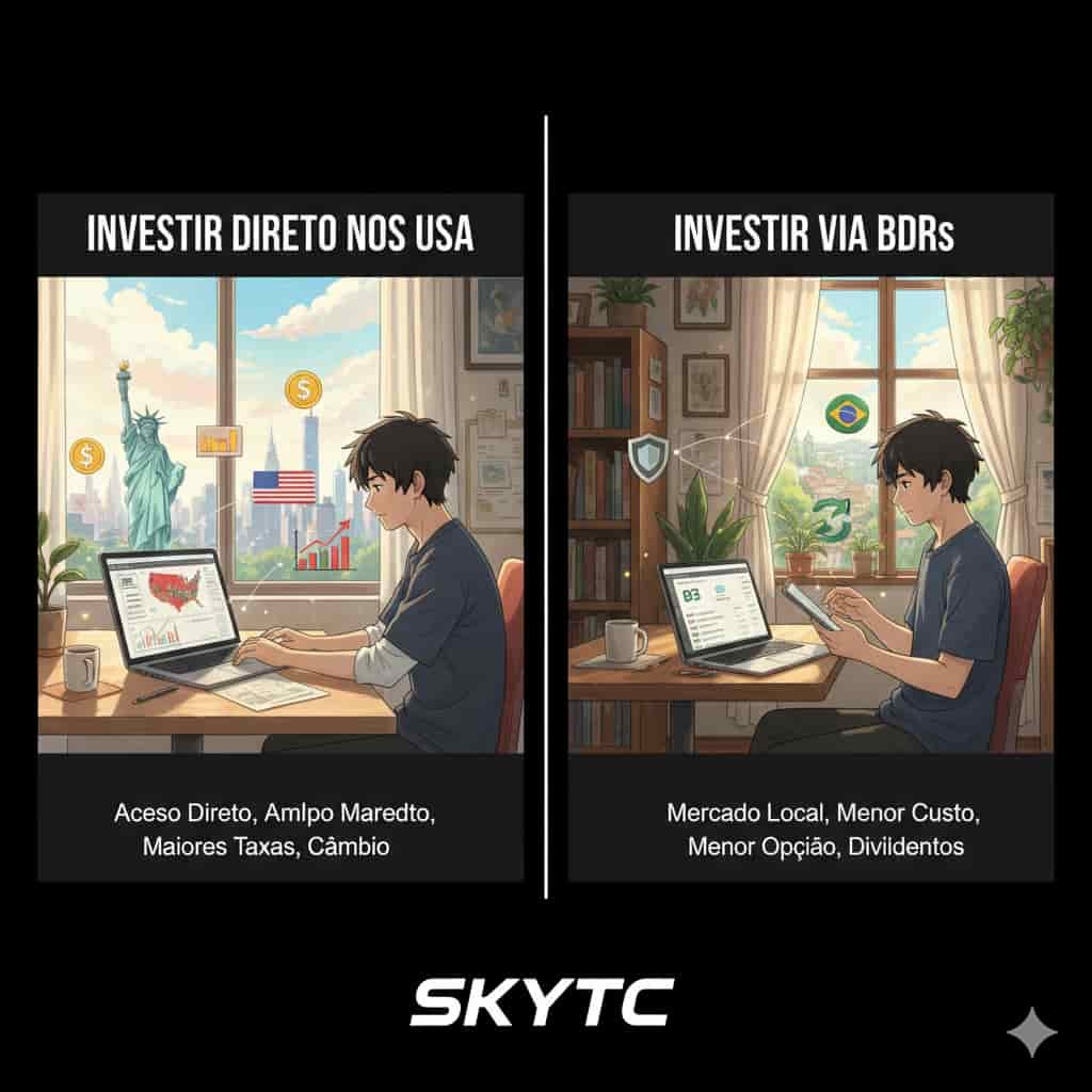 Diferenças entre Investir Direto nos EUA ou via BDRs 2 Ilustração anime SKYTC comparando investir direto nos EUA com investir via BDRs, mostrando um homem analisando opções financeiras.