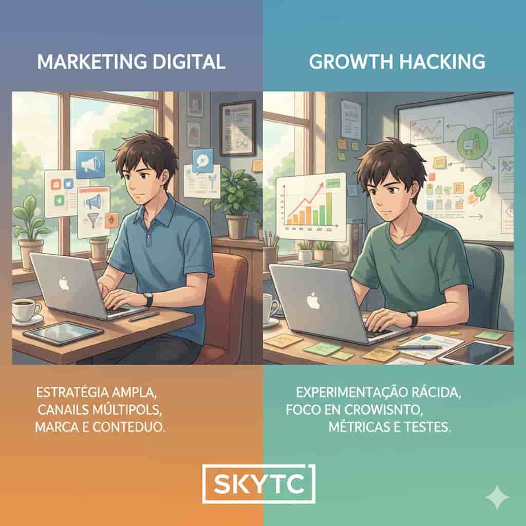 Ilustração anime SKYTC comparando marketing digital e growth hacking, com um homem trabalhando em estratégias de crescimento.