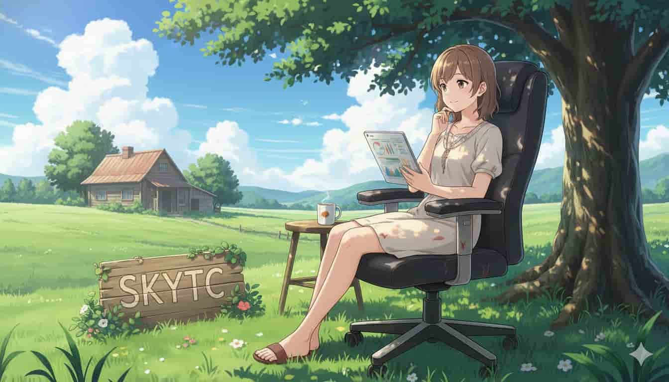 Cadeira ergonômica usada vale a pena o investimento? 2 Jovem mulher em cadeira ergonômica usada SKYTC sob árvore, com tablet, em cenário rural.