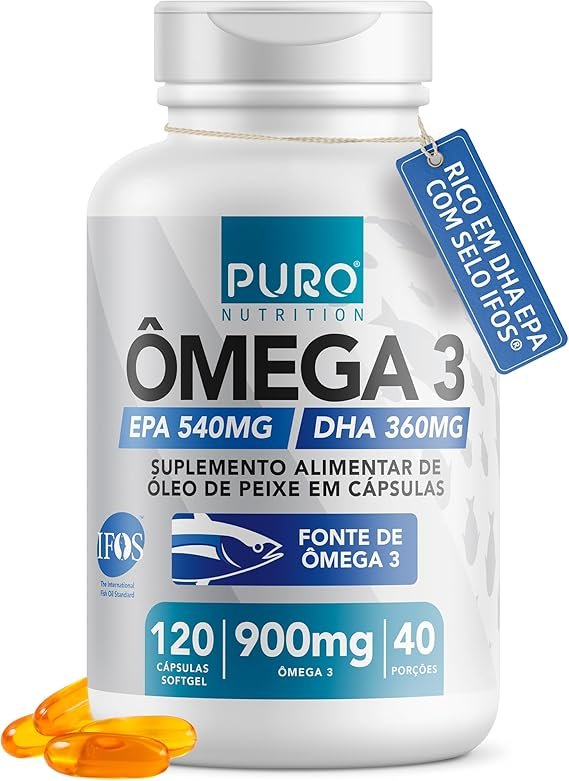 Cápsulas de Ômega 3 de alta concentração em frasco de suplemento premium.