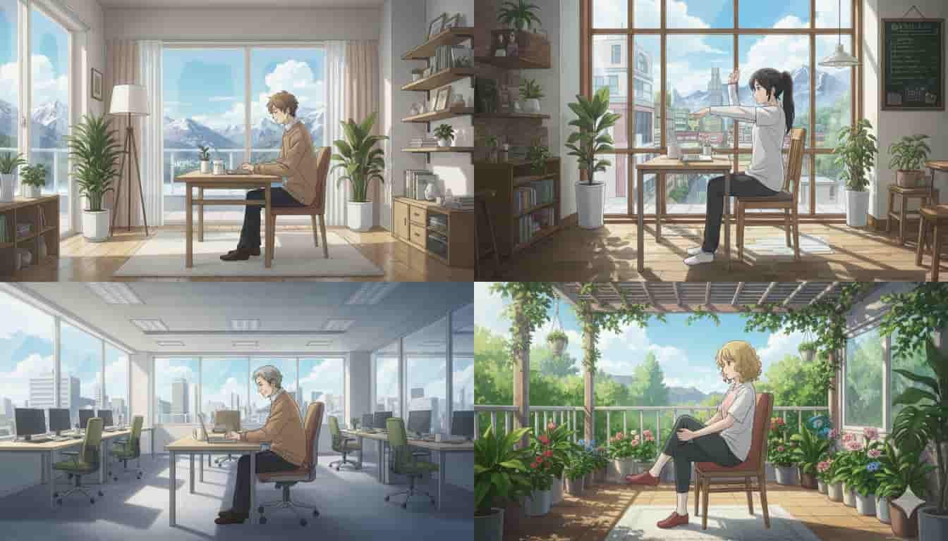 Alongamentos para fazer sem levantar da cadeira 2 Colagem de quatro imagens de pessoas fazendo alongamentos sentadas em diferentes ambientes (home office, café, escritório, varanda), com o logo SKYTc.