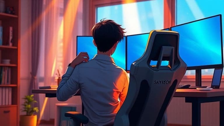 Cadeira gamer vs ergonômica: qual vence no longo prazo? 10 Homem ajustando cadeira ergonômica de alta performance com a marca SKYTECH visível em um escritório estilo anime.