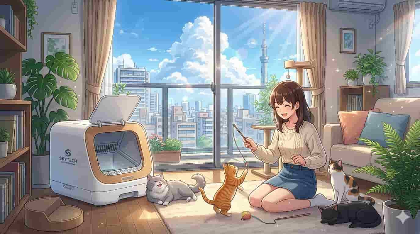 Caixa de areia automática para vários gatos: Adeus à Pá e Olá à Praticidade 10 Garota acariciando gatos ao lado de uma caixa de areia automática Skytech em ambiente ensolarado estilo anime.