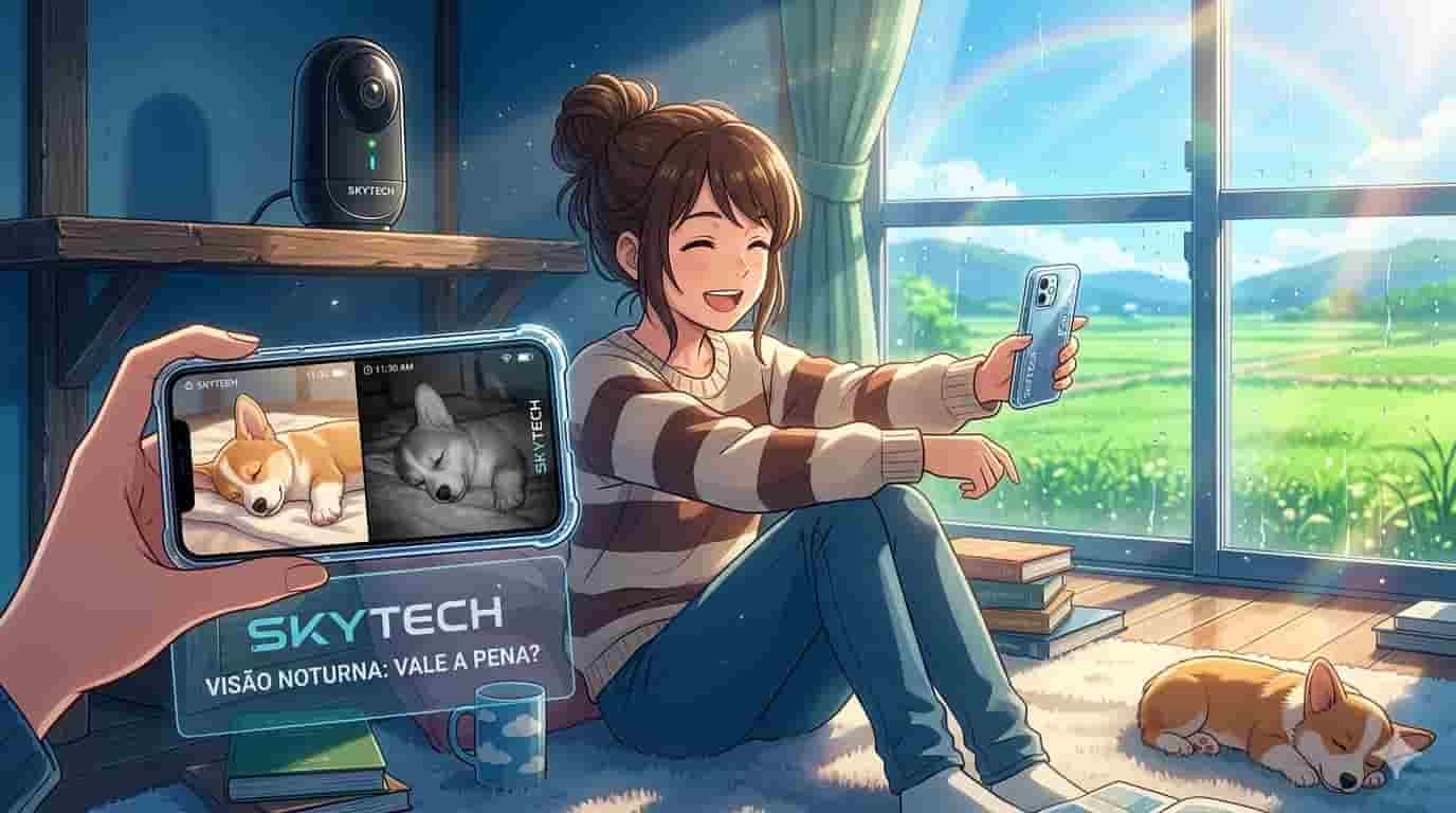 Câmera para pet com visão noturna vale a pena? 2 Pessoa sorrindo ao ver seu cachorro pela câmera pet SKYTECH com visão noturna no celular.
