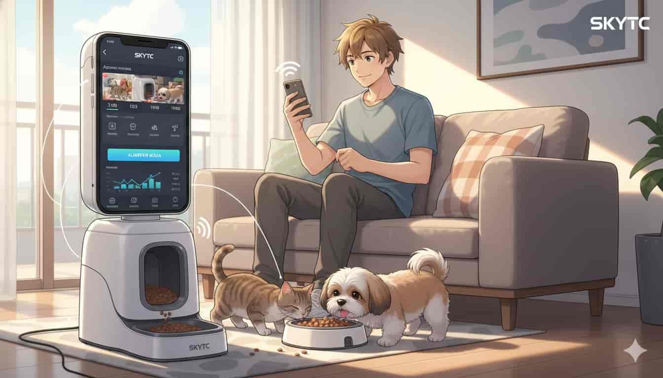 Homem em estilo anime usando app SKYTC para controlar comedouro automático WiFi, alimentando cão e gato em casa.