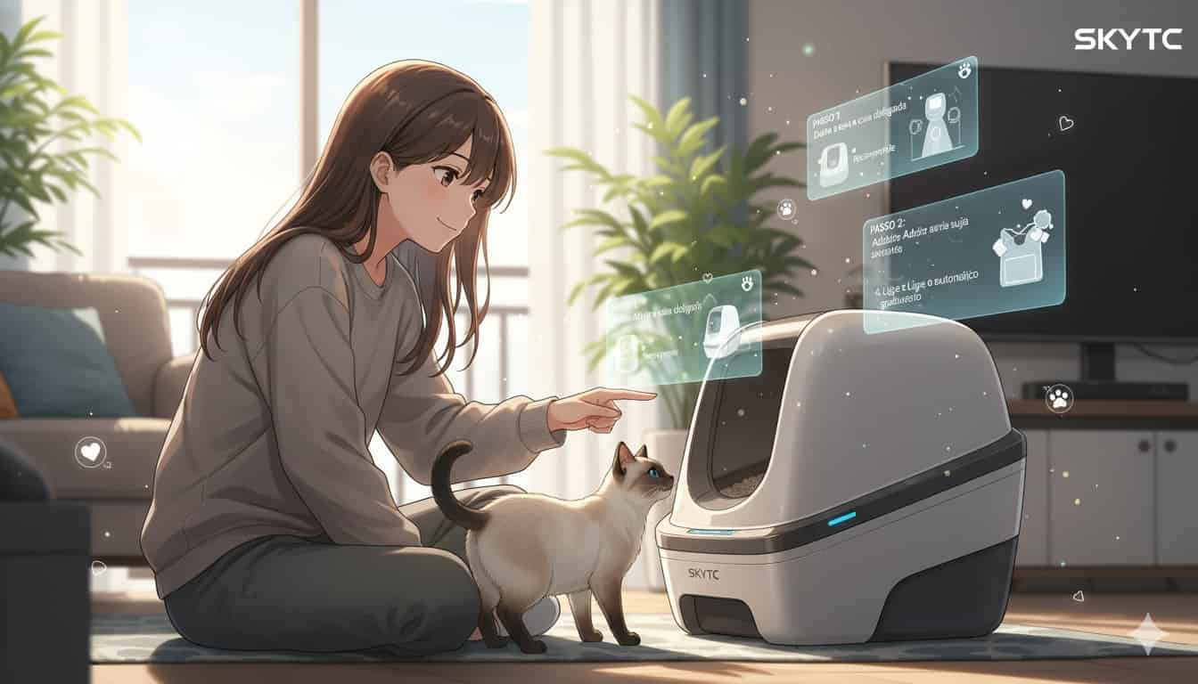 Mulher em estilo anime ensinando seu gato siamês a usar uma caixa de areia automática SKYTC, com instruções holográficas.