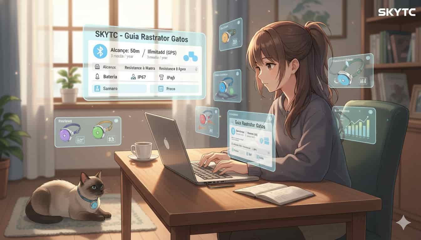 Mulher em estilo anime pesquisando rastreadores Bluetooth SKYTC para gatos em seu laptop, com holografias de dados e um gato siamês.