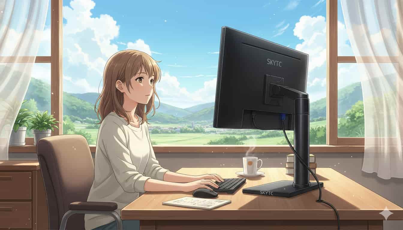 Como evitar dor no pescoço usando suporte de monitor 2 ovem usando suporte de monitor SKYTC para evitar dor no pescoço em mesa com vista para a natureza.