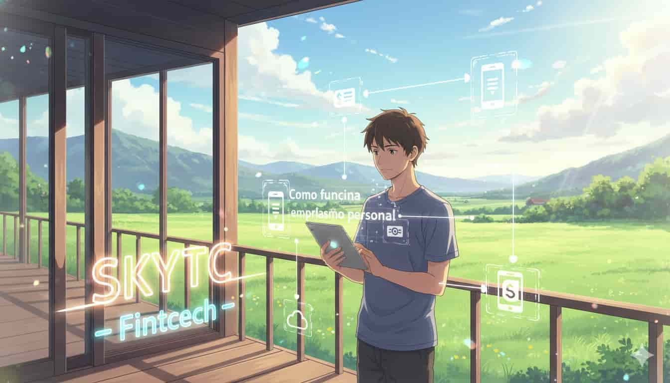 Como funciona o empréstimo pessoal dentro das fintechs 2 Homem em varanda com tablet, conectando-se a serviços de empréstimo pessoal em fintechs, com o logo SKYTC.