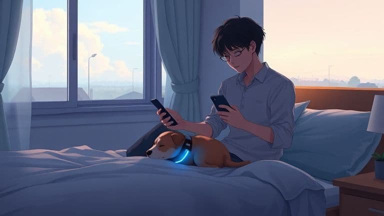 Como Identificar Apneia do Sono em Cães com a Ajuda de um App 5 Homem monitorando o sono do seu cão pelo app SKYTECH em um quarto iluminado.