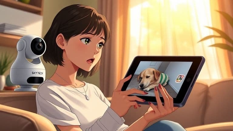Mulher monitorando ansiedade de separação do cão via tablet e câmera SkyTech em estilo anime.