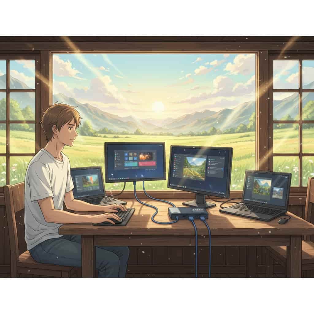 ovem em um cenário rural idílico, usando um dispositivo KVM para conectar um mouse e teclado a dois computadores, com a marca SKYTC visível.