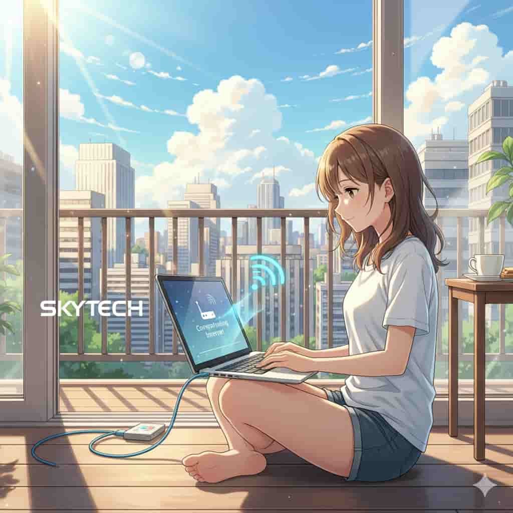 Jovem usando notebook como roteador de internet em apartamento ensolarado com logo Skytech.