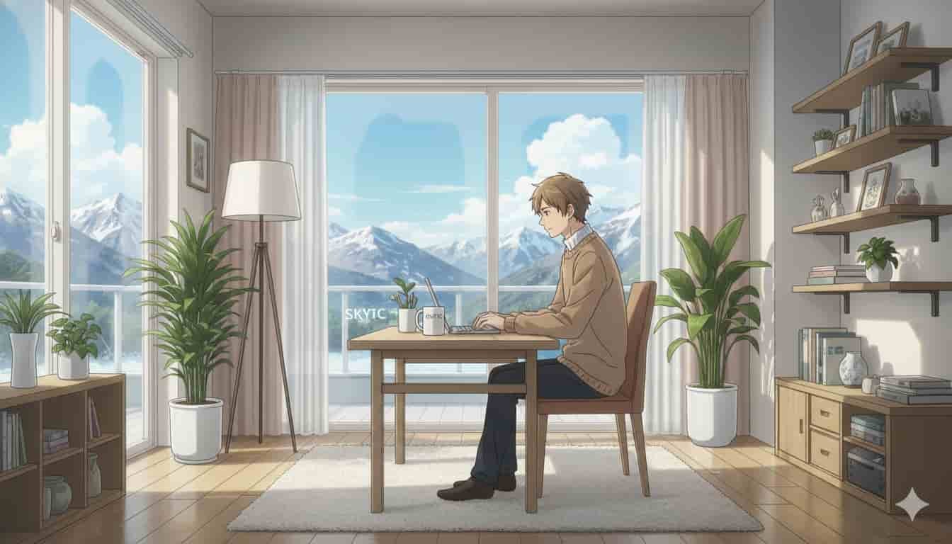 Decoração escandinava no home office: como fazer 8 Homem em home office com decoração escandinava e vista para montanhas, com o logo SKYTc.
